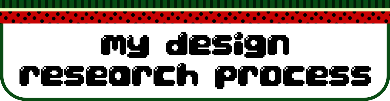 Image description: A title header reads: "My design research process", written in a black, bubbly pixel art font. There's a watermelon patterned decorative top-border, and a thin green border arond the entire title header.